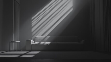 Modern Living Room with Dramatic Light and Shadows Casting Over a Minimalist Sofa and Table, Creating a Serene and Artistic Atmosphere for Interior Design
