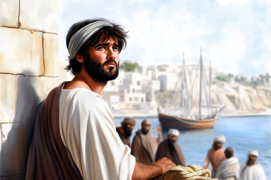A contemplative depiction of Jonah at Joppa harbor, seeking a boat to flee, surrounded by townsfolk and ships under a bright sky.