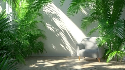 Cozy Indoor Space with Lush Green Plants and Sunlight Casting Beautiful Shadows on the Floor, Inviting Relaxation and Tranquility in Nature-Inspired Design