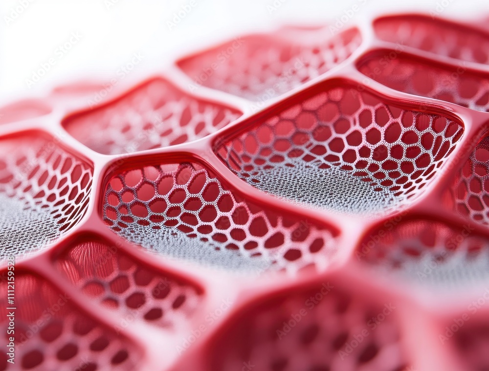 Poster intricate red and silver hexagonal structure with detailed mesh patterns ideal for modern design con
