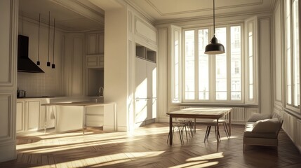 Fototapeta premium Sunlit Parisian apartment kitchen and dining area with hardwood floors.