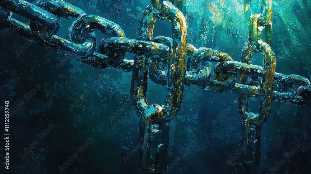 Poster artistic portrayal of authentication processes with underwater chains and depicting security concept