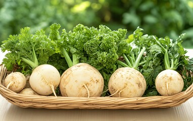 A basket filled with fresh vegetables, including turnips and leafy greens.