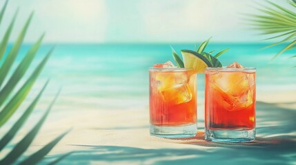 Obraz premium Colorful cocktails and tropical drinks on the beach with space for text, banner panorama