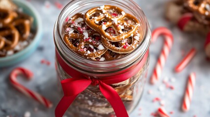 A festive jar of pretzel sandwiches, wrapped with a red ribbon and surrounded by crushed candy cane bits