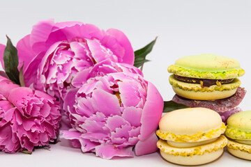 Fototapeta premium Two macarons with pink flowers on a white surface. White macaroons with peonies on a white background. Peonies macaroons white background pink peony macaroon. A white macaroon with lifestyle pink.