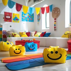 Obraz premium Colorful playroom with smiley-face beanbags, cushions, and rainbow mat.