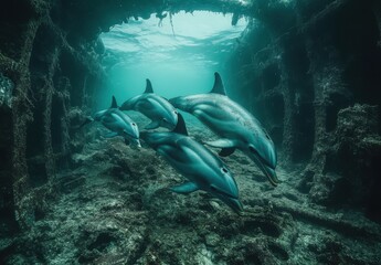 Fototapeta premium Majestic Dolphins Swimming Gracefully in the Remnants of a Sunken Ship, Showcasing Underwater Life and Natural Beauty in a Serene Ocean Environment