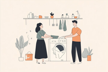 Couple doing laundry together in a cozy home setting with plants and organized shelves