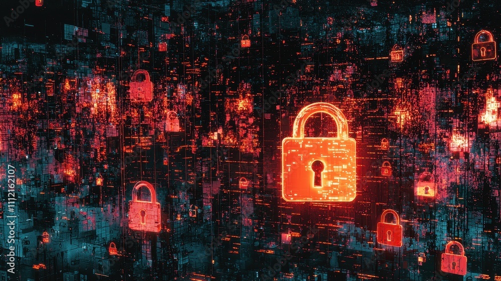 Poster artistic visualization of privacy vulnerabilities with digital lock concept in abstract background