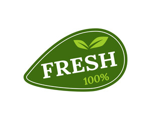 Green food badge featuring a simple leaf and ribbon icon, ideal for branding healthy, eco friendly, and farm fresh products with a focus on quality.
