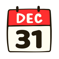 Calendar with date 31 DEC. Cartoon illustration 