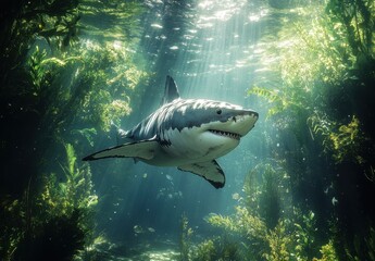 Fototapeta premium Majestic Great White Shark Gliding Through a Sunlit Underwater Forest Surrounded by Vibrant Marine Life and Lush Algae in Clear Waters