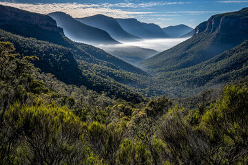 Fototapeta premium Majestic mountain valley with mist and greenery during daytime