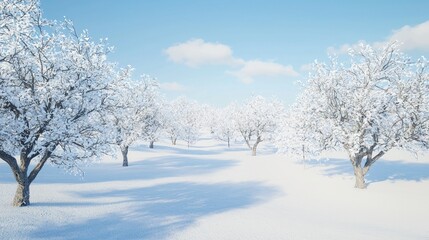 Tranquil Snow-Covered Orchard: Blissful Winter Serenity for Contemplation and Photography