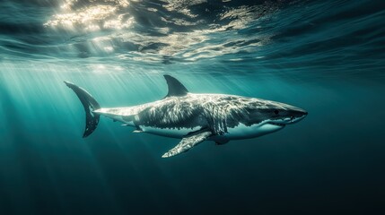 Fototapeta premium Majestic Great White Shark Gliding Through Turquoise Water Under Sunlight Rays in a Serene Ocean Environment