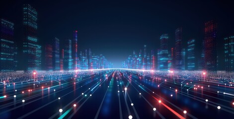 A cityscape with a lot of lights and a lot of buildings