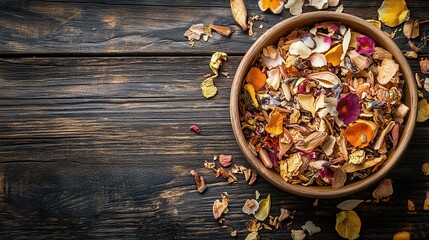 Fototapeta premium Dried flower petals and herbs in a bowl on wood.
