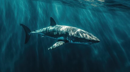 Naklejka premium Majestic Great White Shark Swimming Gracefully Beneath the Ocean Surface, Illuminated by Sunlight Filtering Through the Water, Showcasing its Power and Beauty