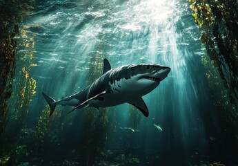 Obraz premium Majestic Great White Shark Swimming Gracefully Through a Kelp Forest Underwater with Sunlight Filtering Through Water
