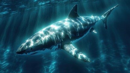 Naklejka premium Majestic Great White Shark Swimming Gracefully Through Crystal Clear Ocean Waters, Illuminated by Sunlight Filtering From the Surface Above, Capturing Nature's Beauty