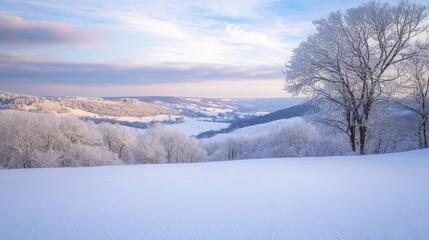 Serene Winter Landscape of Snow-Covered Hill Overlooking Valley in Soft Light - Ultra-Detailed Photorealistic Image Evoking Tranquility and Contemplation
