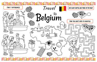 Fototapeta premium A fun placemat for kids. Printable “Travel to Belgium” activity sheet with a labyrinth and find the differences. 17x11 inch printable vector file
