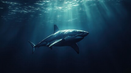 Fototapeta premium Majestic Great White Shark Swimming Gracefully Underwater in Mysterious Ocean Depths with Sunlight Streaming Through Surface Water