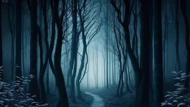 Mysterious forest path shrouded in fog during twilight revealing dark silhouettes of trees