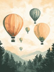Obraz premium Minimalist line drawing graphics a flat illustration of a serene sky with drifting hot air balloons at sunrise simple lines vector art style a warm color palette detailed design hand-drawn texture a