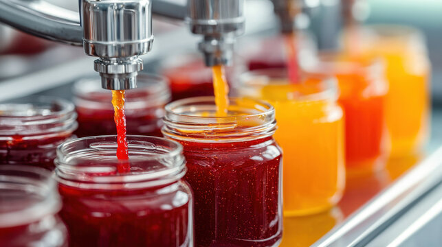Food factory. Jars being filled with vibrant liquids, likely fruit preserves or juices, highlighting a colorful production process in a commercial setting.