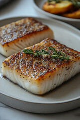 A portion of barracuda steak with its sleek silver skin intact, styled with a single sprig of fresh herbs on a plain ceramic plate against a white backdrop,