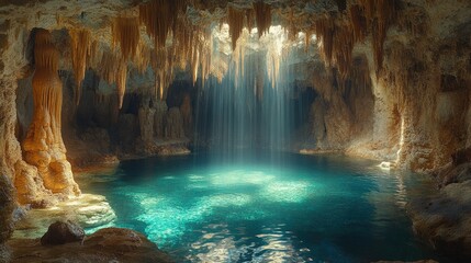 Sunlit cave pool with stalactites and waterfall.