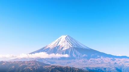 Fototapeta premium Majestic Snow-Capped Mountain Peak in Winter Wonderland - Ultra-Detailed Photorealistic Landscape against Clear Blue Sky