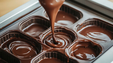 Food factory. A rich, melted chocolate is being poured into a tray with six compartments, ready for shaping into sweet treats.