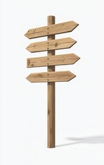 A clipart-style wooden road sign with multiple directional arrows, displayed on a pristine white background