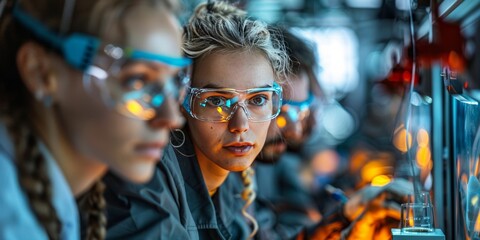  Team of young scientists working in a laboratory with protective glasses and focused expressions