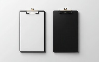 A photorealistic depiction of two clipboards placed side by side, one with a plain white sheet and the other a black paper