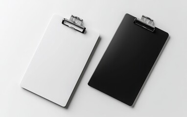 A photorealistic depiction of two clipboards placed side by side, one with a plain white sheet and the other a black paper