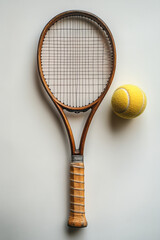 A vintage tennis racket with wooden detailing, paired with a classic yellow tennis ball, arranged elegantly on a bright white background,