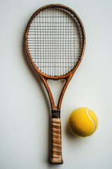 A vintage tennis racket with wooden detailing, paired with a classic yellow tennis ball, arranged elegantly on a bright white background,