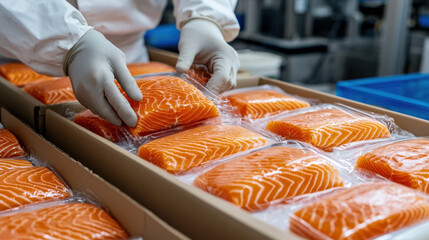 Food factory. A person in gloves sorts packages of fresh salmon fillets in a processing facility, highlighting the care taken in seafood handling and packaging.