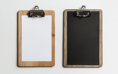 A side-by-side comparison of two wooden clipboards on a clean white background, one holding an empty white sheet and the other a black paper