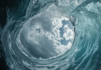 Majestic Ocean Wave Reflecting Dramatic Clouds and Sky in a Circular Frame, Capturing the Beauty of Nature's Power and Tranquility Above and Below the Water Surface