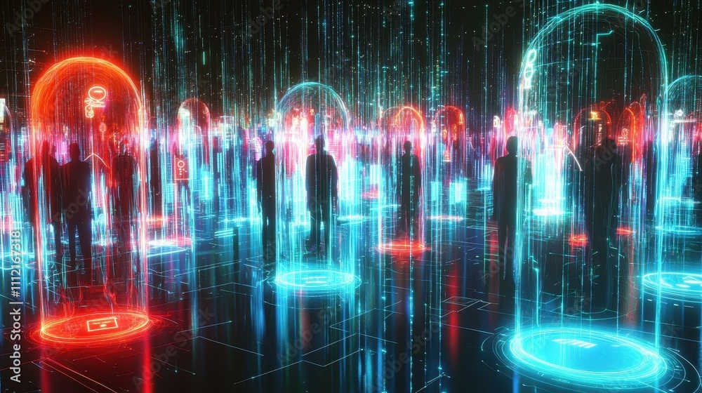 Poster conceptual visualization of identity security in digital environments with abstract figures