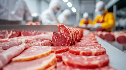 Food factory. A close-up view of freshly cut meat slices in a processing facility, showcasing meticulous preparation by workers in protective gear.