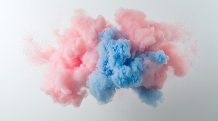 Fototapeta premium A highly detailed explosion of cotton candy, with delicate pink and blue sugary strands dispersing outward in soft, intricate patterns, set against a clean white background with subtle airbrushing