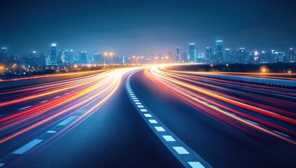 A city skyline is lit up with neon lights and the road is filled with cars