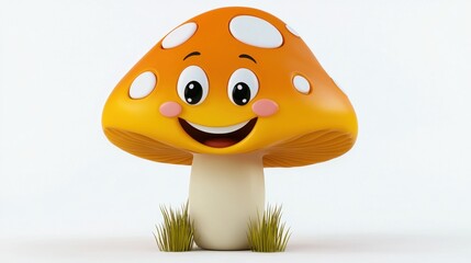Smiling Cartoon Mushroom with Spotted Cap in Grassy Meadow Landscape