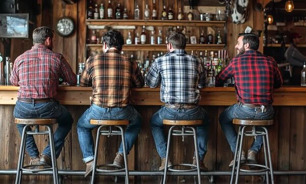 Four Men in Jeans and Plaid Shirts Sitting on Bar Stools at a Rustic Wooden Bar